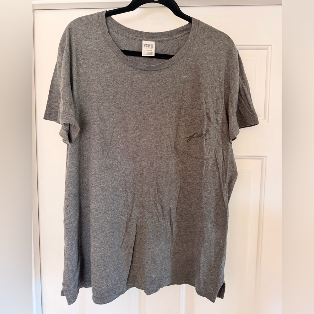 PINK Victoria's Secret Gray Tee with Pastel Letters and Black Sequins Size L - Picture 2 of 4